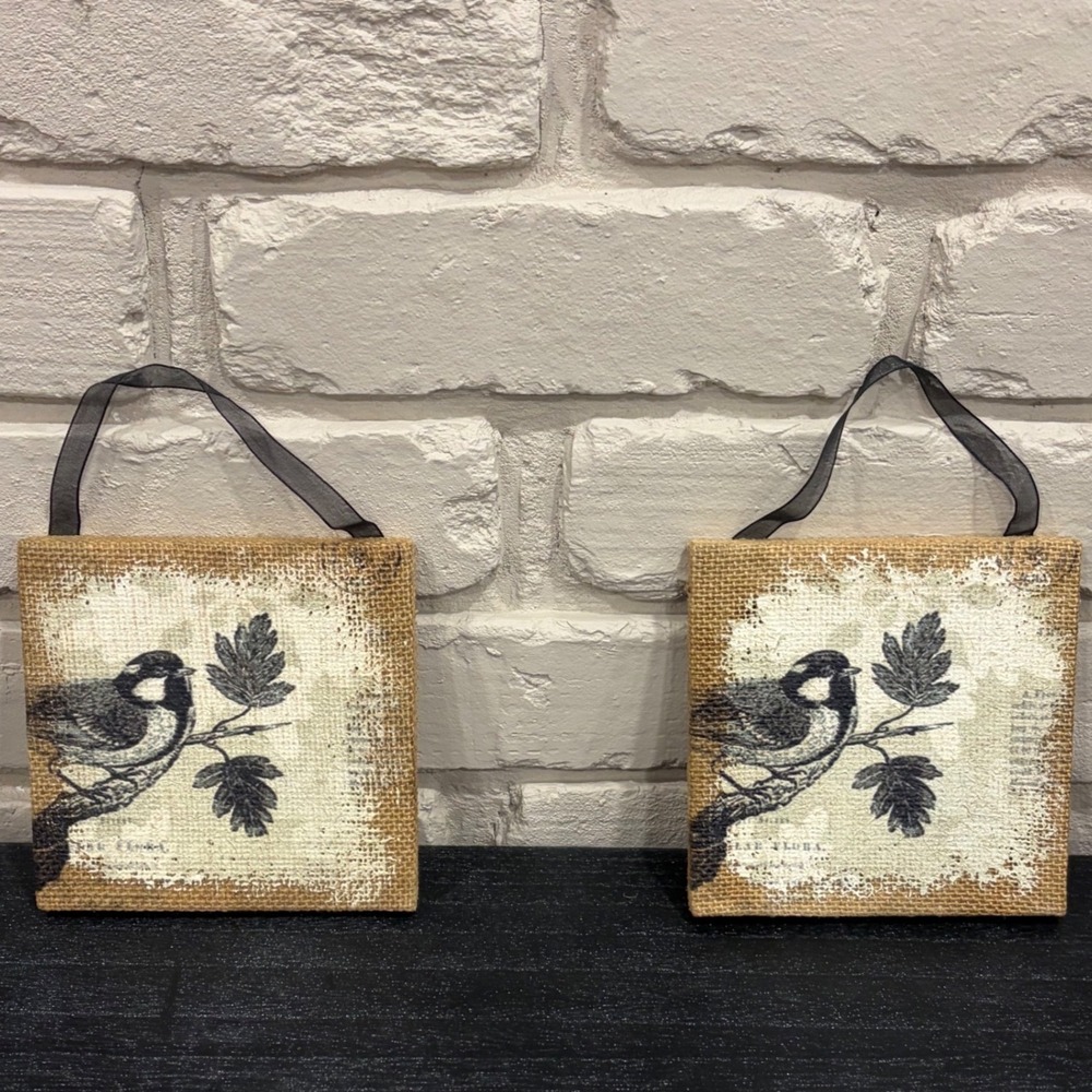 Handmade Bird Wall Art Set of 2 Burlap Canvas Wood Frame Rustic Farmhouse Decor
